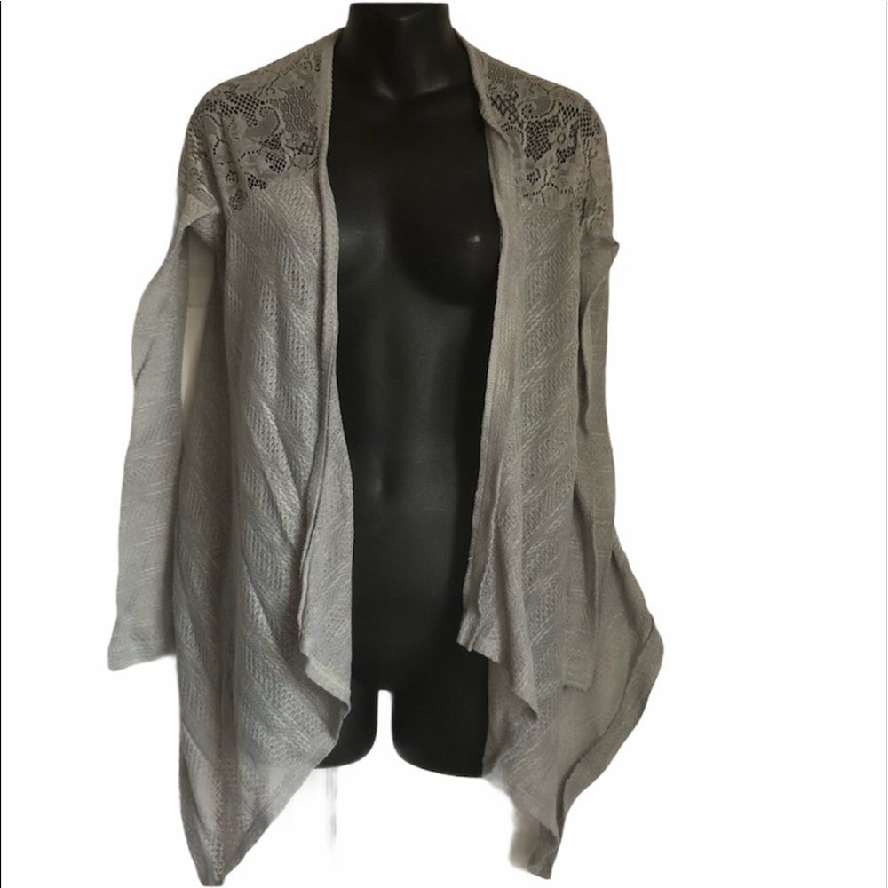 MY MICHELLE gray cardigan XS with lace shoulders and waterfall front